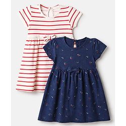 Babyhug Single Jersey Knit Half Sleeves Striped & Floral Printed Frocks With Bow Applique Pack Of 2 - Navy Blue & White