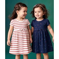 Babyhug Single Jersey Knit Half Sleeves Striped & Floral Printed Frocks With Bow Applique Pack Of 2 - Navy Blue & White