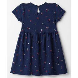 Babyhug Single Jersey Knit Half Sleeves Striped & Floral Printed Frocks With Bow Applique Pack Of 2 - Navy Blue & White