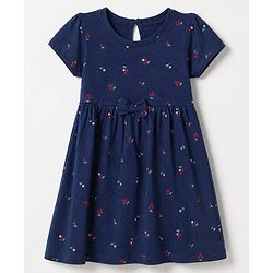 Babyhug Single Jersey Knit Half Sleeves Striped & Floral Printed Frocks With Bow Applique Pack Of 2 - Navy Blue & White