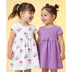 Babyhug Single Jersey Knit Dress with Half Sleeves in Heart & Floral Print Pack of 2 - Purple White