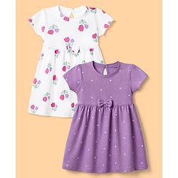 Babyhug Single Jersey Knit Dress with Half Sleeves in Heart & Floral Print Pack of 2 - Purple White