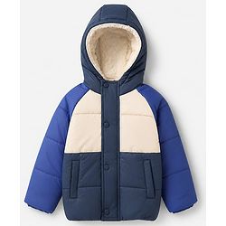 Babyhug Woven Full Sleeves Hooded Padded Winter Jacket - Navy Blue
