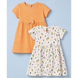 Babyhug Single Jersey Knit Half Sleeves Frocks with Floral & Polka Dots Print & Bow Applique Pack of 2 - White & Peach