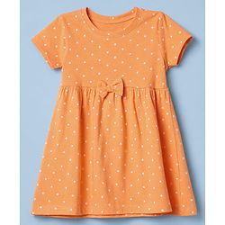 Babyhug Single Jersey Knit Half Sleeves Frocks with Floral & Polka Dots Print & Bow Applique Pack of 2 - White & Peach