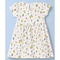 Babyhug Single Jersey Knit Half Sleeves Frocks with Floral & Polka Dots Print & Bow Applique Pack of 2 - White & Peach
