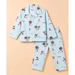 Babyhug 100% Cotton Knit Full Sleeves Co-Ords Shirt & Pyjama Night Suit with Beach Theme Print - Sea Green