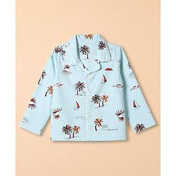 Babyhug 100% Cotton Knit Full Sleeves Co-Ords Shirt & Pyjama Night Suit with Beach Theme Print - Sea Green