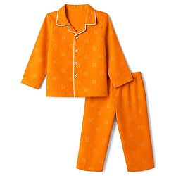 Babyhug 100% Cotton Woven Full Sleeves Front Open Shirt & Pyjama Nightsuit with Sea Text Print - Orange