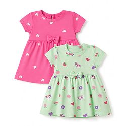Babyhug Cotton Single Jersey Knit Half Sleeves Heart & Rainbow Print Pack of 2 - Pink & Sea Green