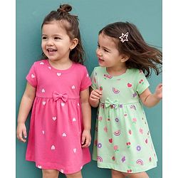 Babyhug Cotton Single Jersey Knit Half Sleeves Heart & Rainbow Print Pack of 2 - Pink & Sea Green