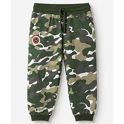Babyhug Cotton Looper Knit Full Length Track Pant With Camouflage Print - Olive Green