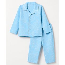Babyhug 100% Cotton Knit Full Sleeves Co-Ords Shirt & Pyjama Night Suit with Leaves Print - Sky Blue