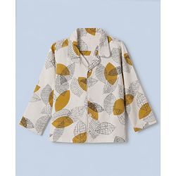 Babyhug Cotton Knit Full Sleeves Front Open Shirt & Pyjama Co-Ords Night Suit With Leaf Print - White