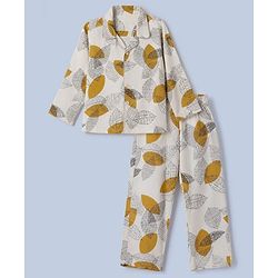Babyhug Cotton Knit Full Sleeves Front Open Shirt & Pyjama Co-Ords Night Suit With Leaf Print - White