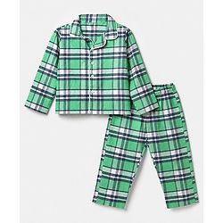 Babyhug 100% Cotton Knit Full Sleeves Checks Co-Ords Shirt & Pyjama Night Suit - Green