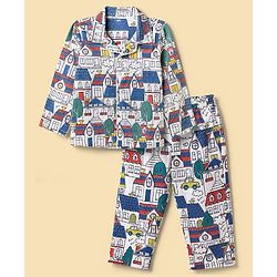 Babyhug Cotton Knit Full Sleeves Front Open Printed Shirt & Pyjama Co-Ords Night Suit - White