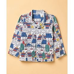 Babyhug Cotton Knit Full Sleeves Front Open Printed Shirt & Pyjama Co-Ords Night Suit - White