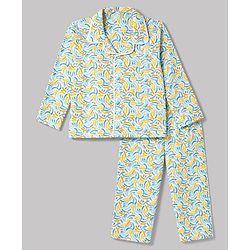 Babyhug 100% Cotton Knit Full Sleeves Co-Ords Shirt & Pyjama Night Suit with Abstract print - Sky Blue