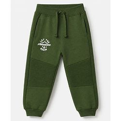 Babyhug Cotton Looper Knit Full Length Lounge Pant With Text Print - Olive Green