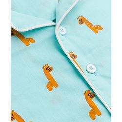 Babyhug 100% Cotton Knit Full Sleeves Co-Ords Shirt & Pyjama Night Suit with Giraffe Print - Turquoise