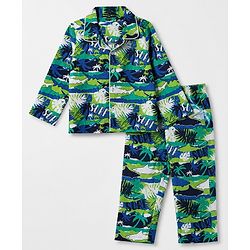 Babyhug 100% Cotton Knit Full Sleeves Co-Ords Shirt & Pyjama Night Suit with Shark & Tropical Theme Print - Navy Blue