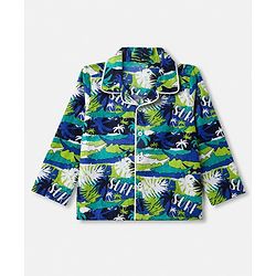 Babyhug 100% Cotton Knit Full Sleeves Co-Ords Shirt & Pyjama Night Suit with Shark & Tropical Theme Print - Navy Blue