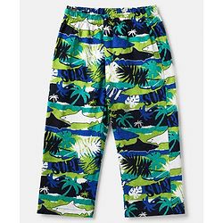 Babyhug 100% Cotton Knit Full Sleeves Co-Ords Shirt & Pyjama Night Suit with Shark & Tropical Theme Print - Navy Blue