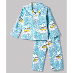 Babyhug 100% Cotton Knit Full Sleeves Co-Ords Shirt & Pyjama Night Suit with Ship & Sea Print - Sky Blue