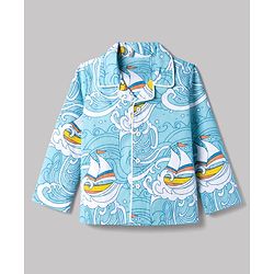 Babyhug 100% Cotton Knit Full Sleeves Co-Ords Shirt & Pyjama Night Suit with Ship & Sea Print - Sky Blue