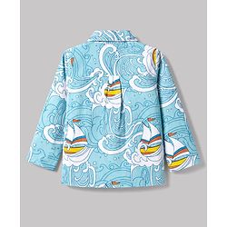 Babyhug 100% Cotton Knit Full Sleeves Co-Ords Shirt & Pyjama Night Suit with Ship & Sea Print - Sky Blue