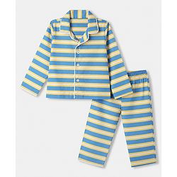 Babyhug Cotton Knit Full Sleeves Co-Ords Striped Shirt & Pyjama Night Suit - Blue
