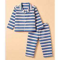 Babyhug Cotton Knit Full Sleeves Front Open Co-ords Striped Pyjama Night Suit Set - Blue
