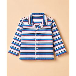Babyhug Cotton Knit Full Sleeves Front Open Co-ords Striped Pyjama Night Suit Set - Blue