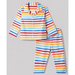 Babyhug Cotton Knit Front Open Woven Full Sleeves Co-ord Shirt & Pajama Night Suit with Stripes - Yellow