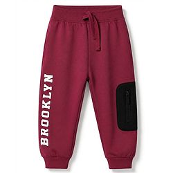 Babyhug Cotton Knit Full Length Jogger Fit Track Pant with Full Length and Brooklyn Print in Red