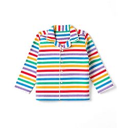 Babyhug Cotton Knit Full Sleeves Front Open Shirt Pyjama Co-ord Nightsuit With Stripes - Blue