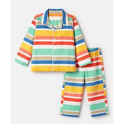 Babyhug Cotton Knit Front Open Full Sleeves Co-ord Shirt & Pajama Night Suit with Stripes - Yellow