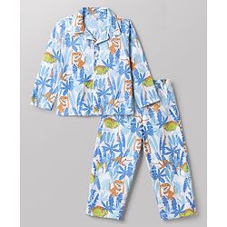 Babyhug Cotton Knit Full Sleeves Front Open Shirt & Pyjama Co-Ords Night Suit With Animal Print - Light Blue