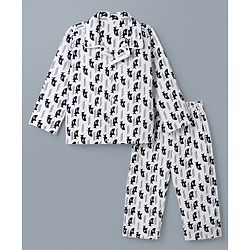 Babyhug 100% Cotton Knit Full Sleeves Co-Ords Shirt & Pyjama Night Suit with Shark Print - White