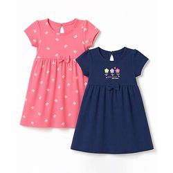 Babyhug Single Jersey Knit Half Sleeves Frocks with Butterfly & Floral Print Pack of 2 - Navy Blue & Pink