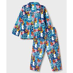 Babyhug 100% Cotton Knit Full Sleeves Co-Ords Shirt & Pyjama Night Suit with Abstract Print - Blue