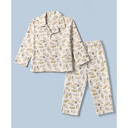 Babyhug Cotton Full Sleeves Front Open Knit Co-ord Shirt & Pajama Night Suit with Leaf Print - White