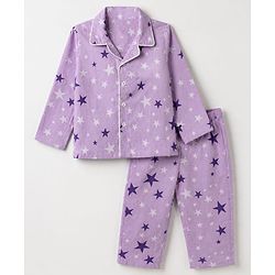 Babyhug Cotton Woven Full Sleeves Front Open Co-ord Shirt & Pyjama Night Suit with Stars Print - Lavender