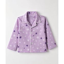 Babyhug Cotton Woven Full Sleeves Front Open Co-ord Shirt & Pyjama Night Suit with Stars Print - Lavender