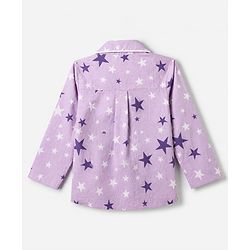 Babyhug Cotton Woven Full Sleeves Front Open Co-ord Shirt & Pyjama Night Suit with Stars Print - Lavender