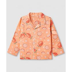 Babyhug Cotton Full Sleeves Front Open Woven Co-ord Shirt & Pajama Night Suit with Floral & Orange Print - Peach