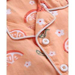 Babyhug Cotton Full Sleeves Front Open Woven Co-ord Shirt & Pajama Night Suit with Floral & Orange Print - Peach