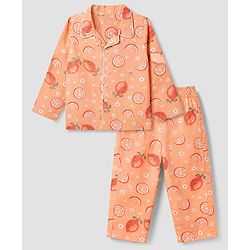 Babyhug Cotton Full Sleeves Front Open Woven Co-ord Shirt & Pajama Night Suit with Floral & Orange Print - Peach