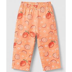 Babyhug Cotton Full Sleeves Front Open Woven Co-ord Shirt & Pajama Night Suit with Floral & Orange Print - Peach